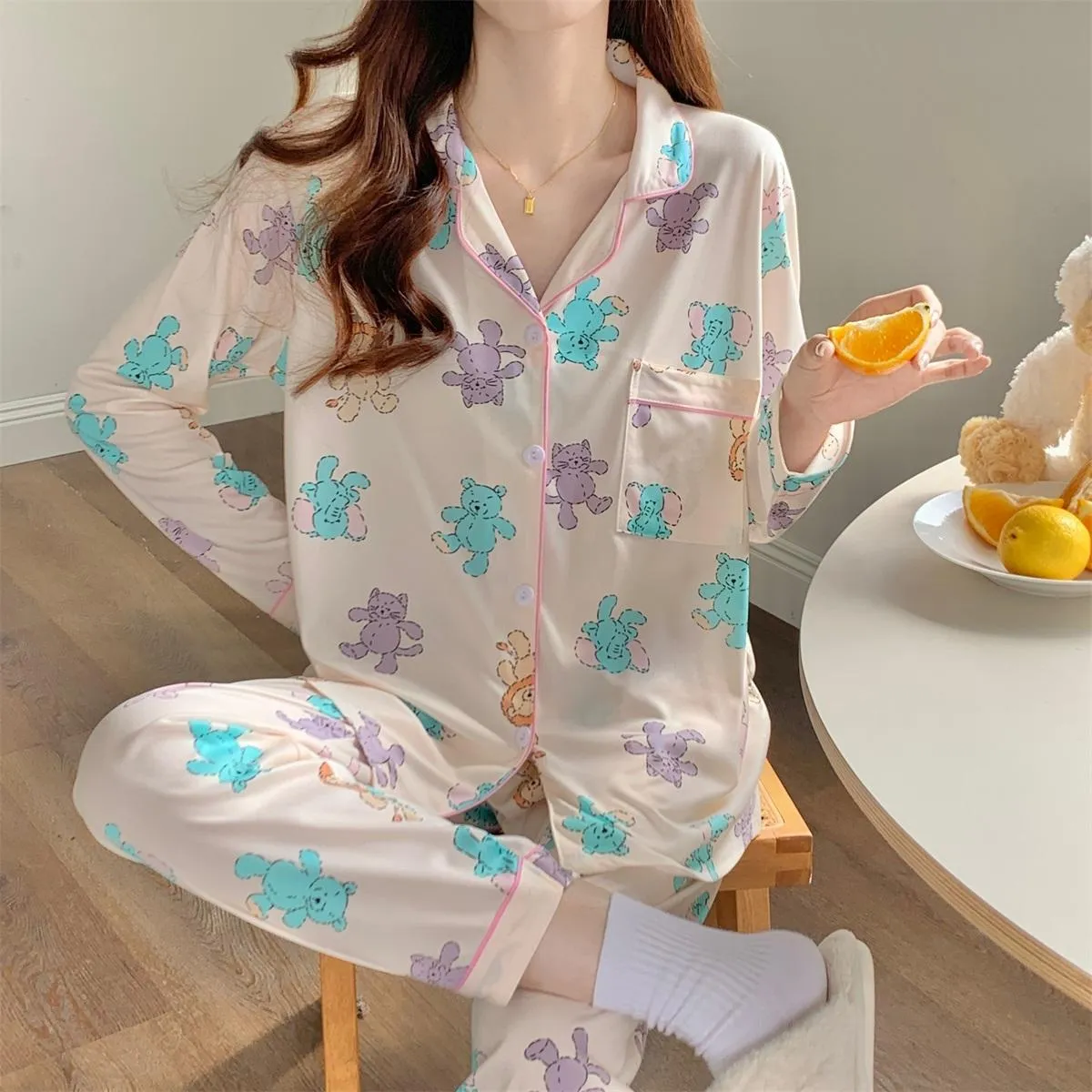 INS Style Cartoon Cute Bear Women's Pajamas Long Sleeve Sweet Casual Long Sleeve Pants Loungewear