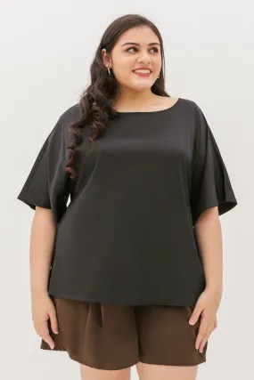 Isla Boat-Neck Flare Sleeve Blouse In Black