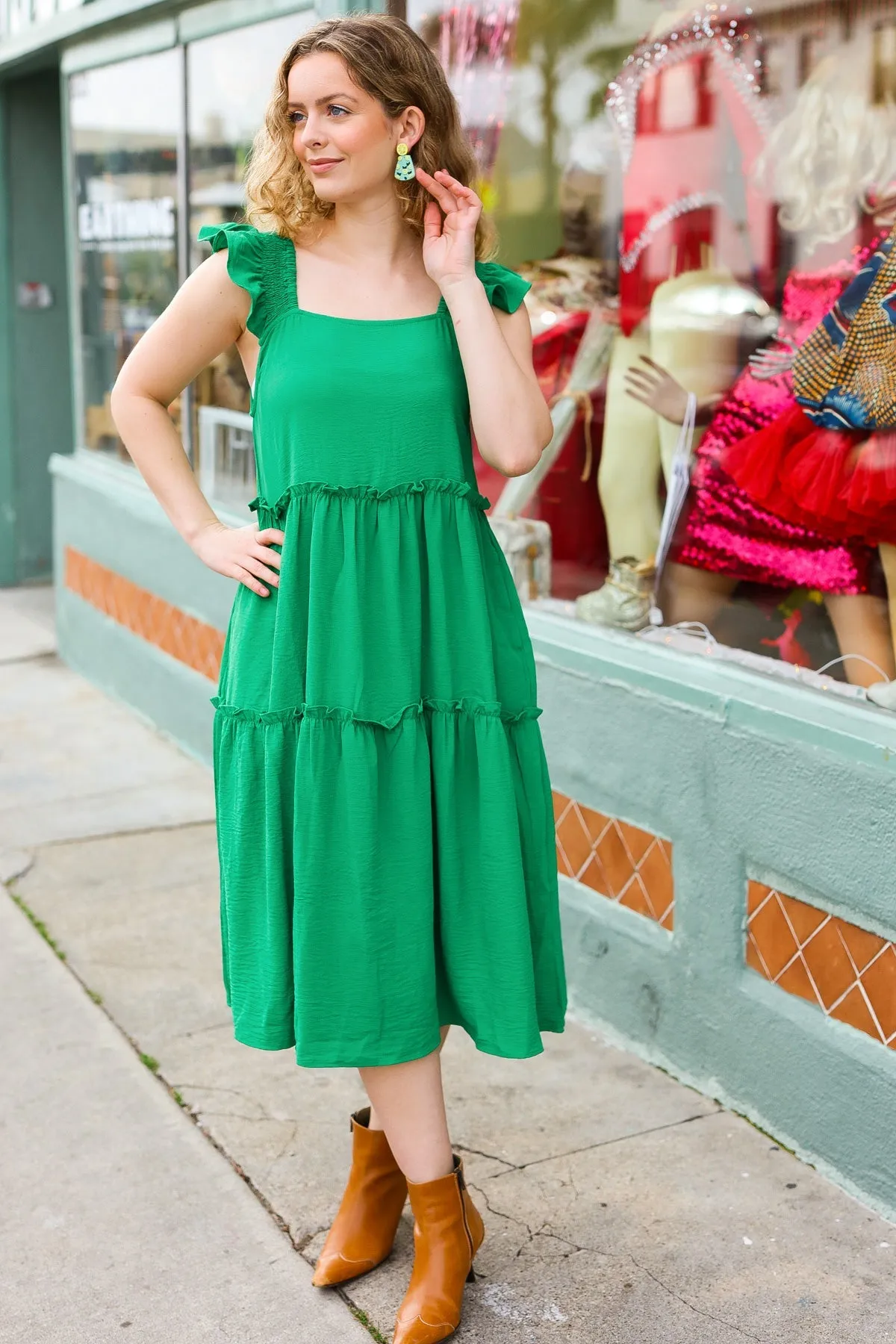 Kelly Green Smocked Flutter Sleeve Tiered Midi Dress