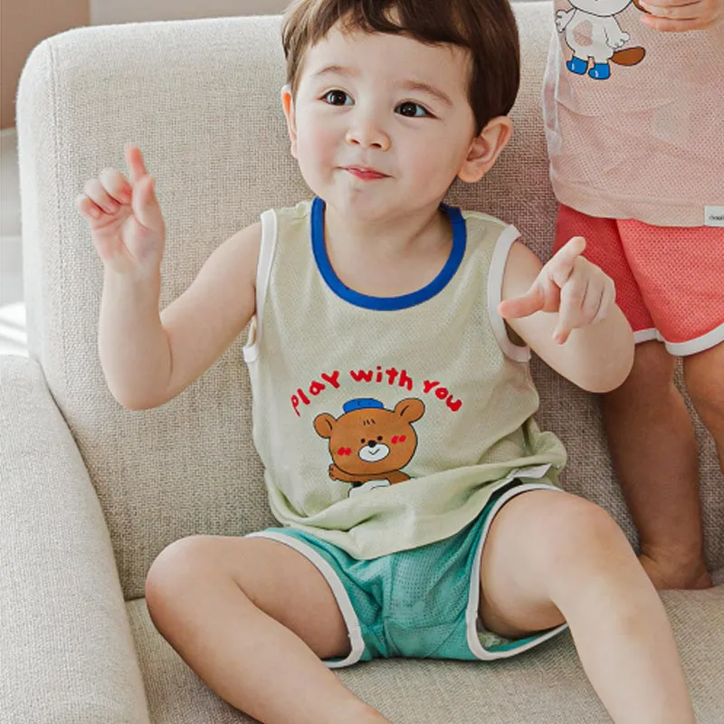 Kids Summer Seeveless Shirt Cotton Cool Mesh Pajamas Set - Bboy