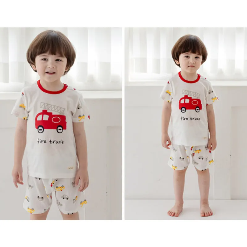 Kids Summer Short Shirt Cotton Cool Mesh Pajamas Set - Fire Truck