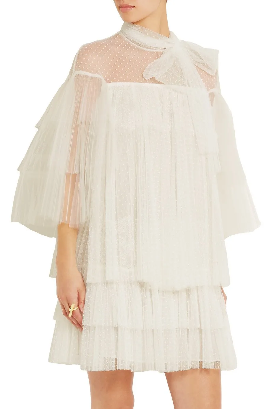 Lace & Tulle Tiered Point D'Esprit Dress in White