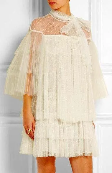 Lace & Tulle Tiered Point D'Esprit Dress in White