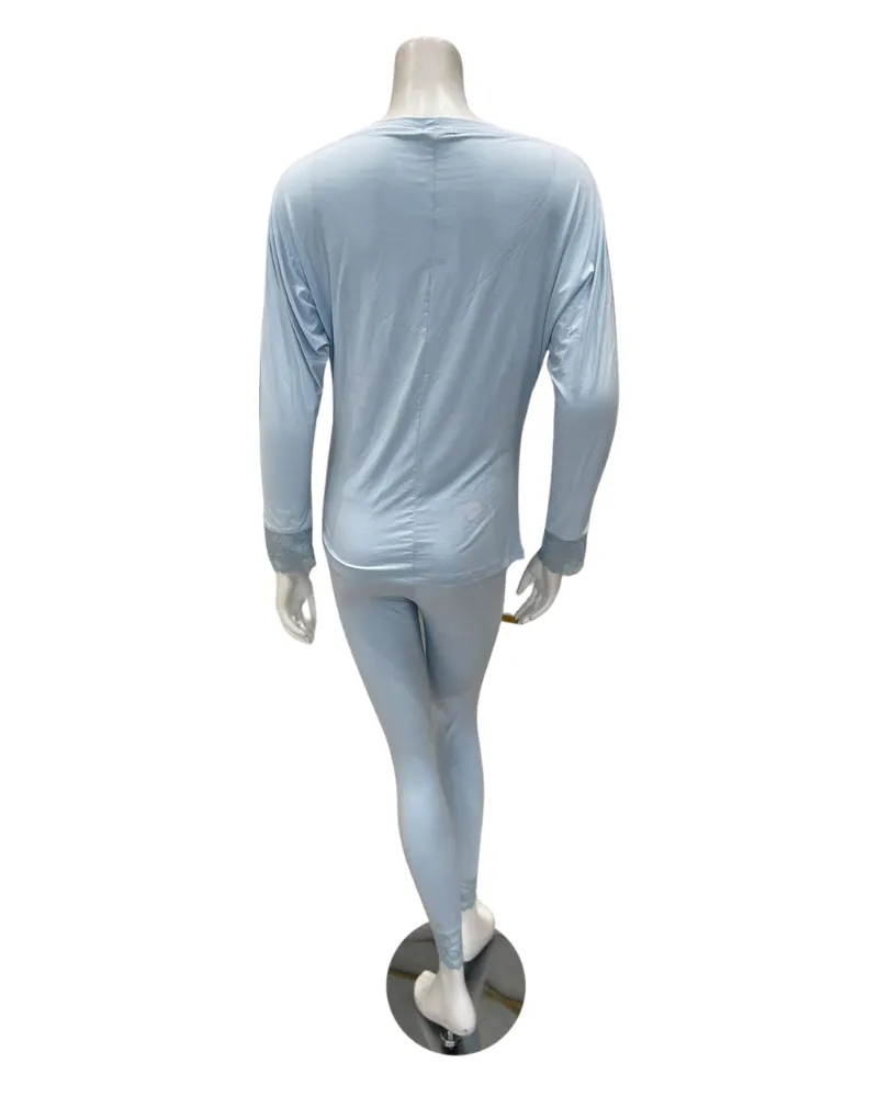 M3320 Light Blue Boat Neck Lace Trim Modal Pajamas Set