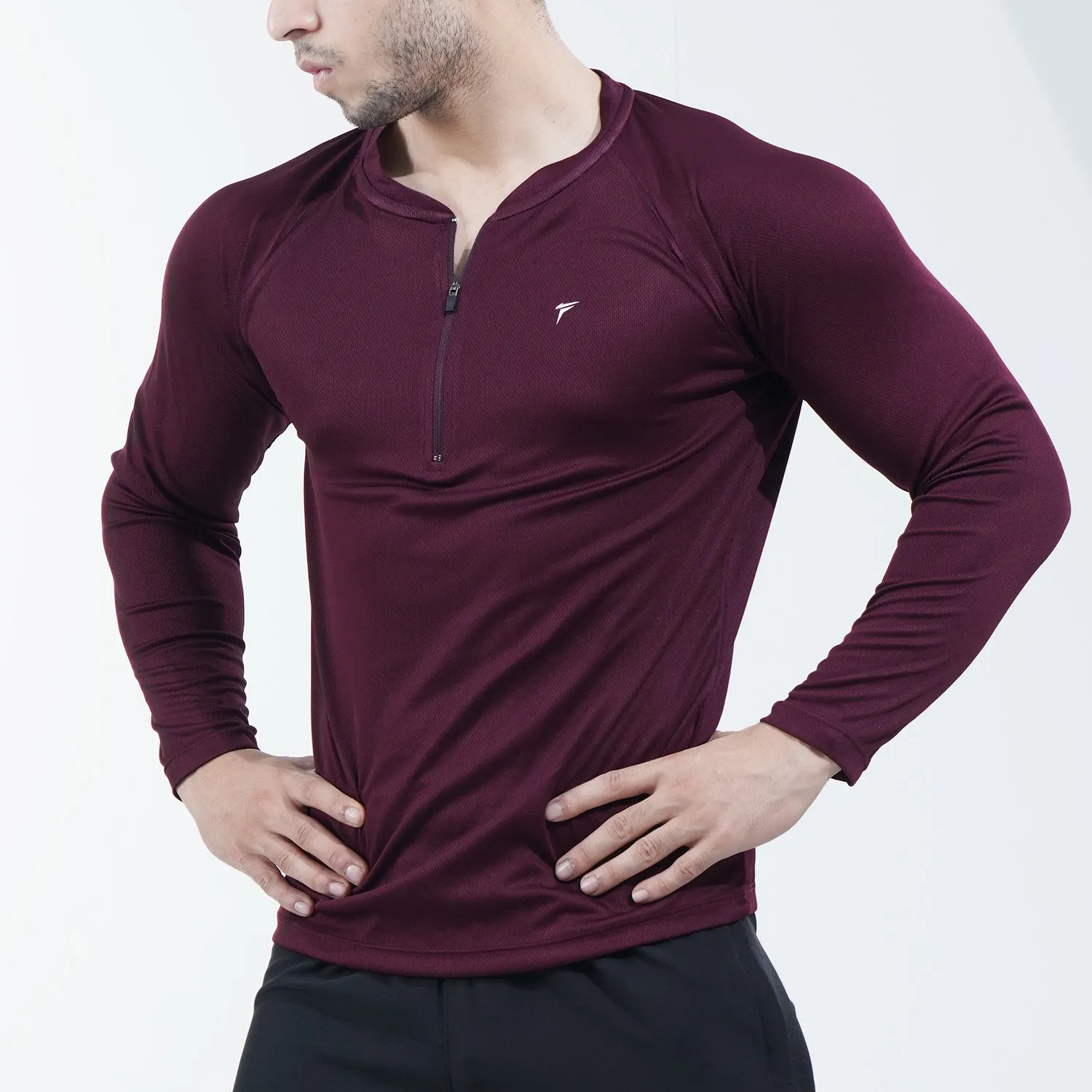 Maroon Full Sleeve Quarter Zip Mesh Top