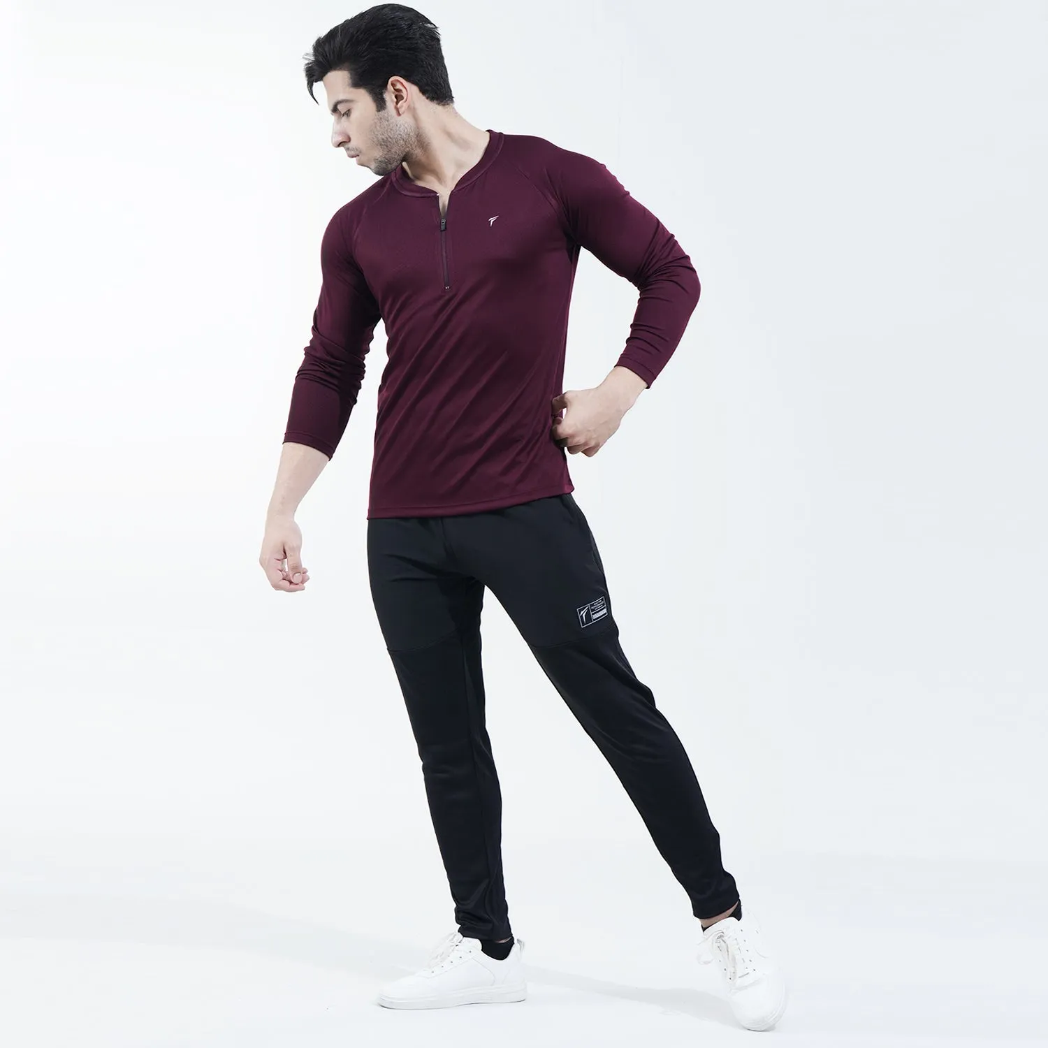 Maroon Full Sleeve Quarter Zip Mesh Top