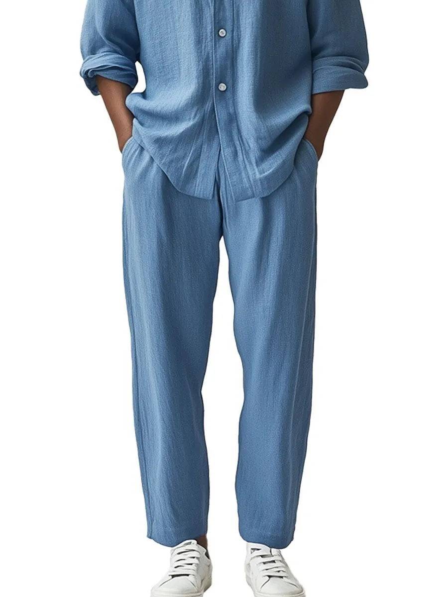 Men's Linen Long-Sleeved Shirt And Trousers Two-Piece Set