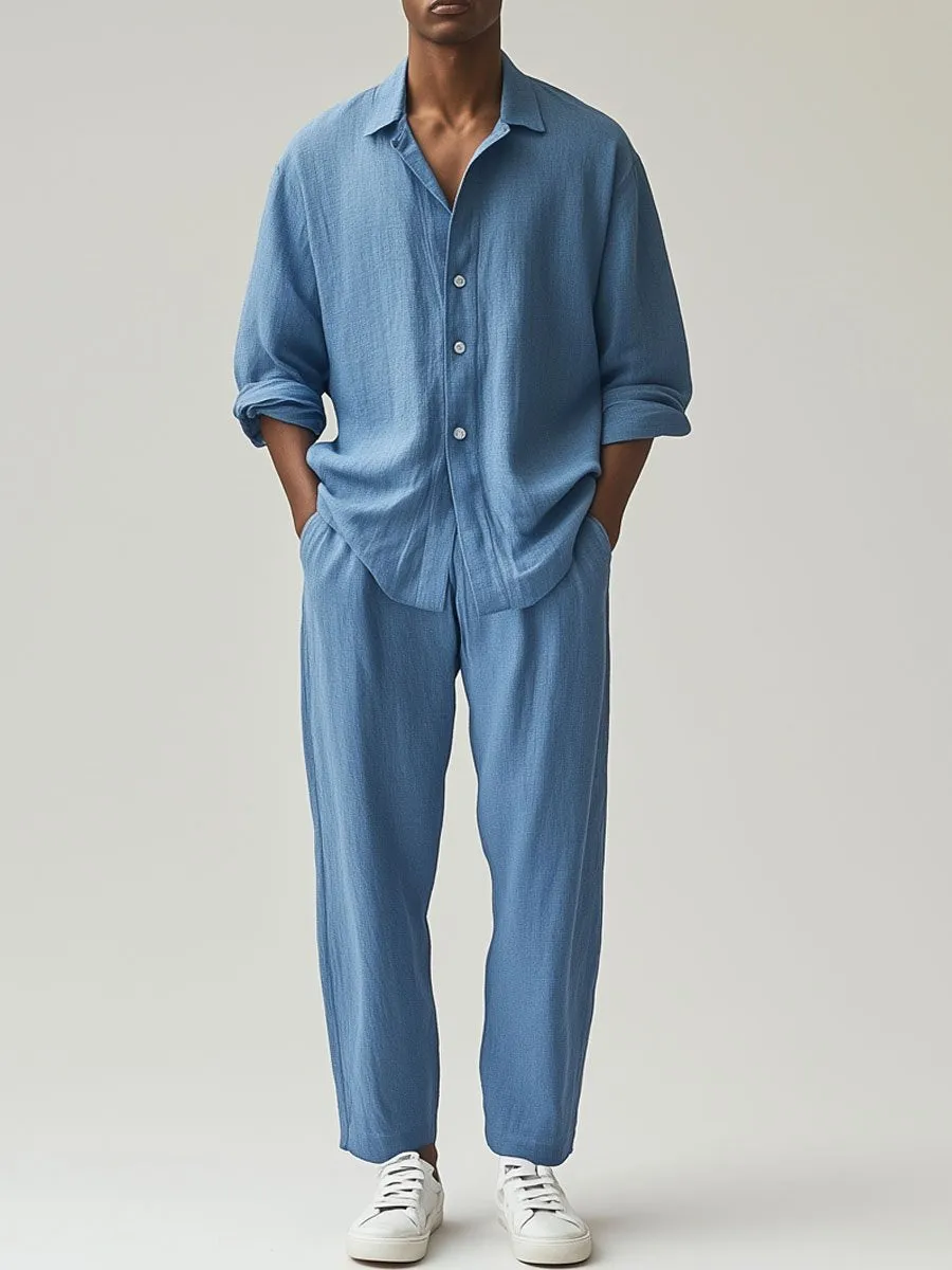 Men's Linen Long-Sleeved Shirt And Trousers Two-Piece Set