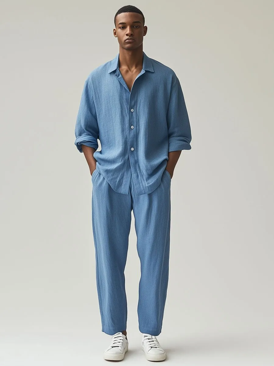 Men's Linen Long-Sleeved Shirt And Trousers Two-Piece Set