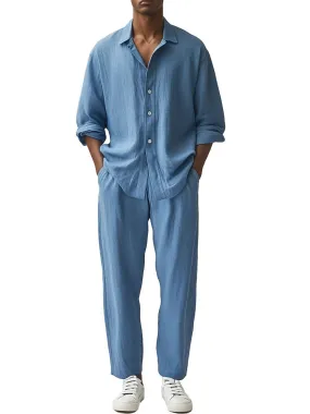 Men's Linen Long-Sleeved Shirt And Trousers Two-Piece Set