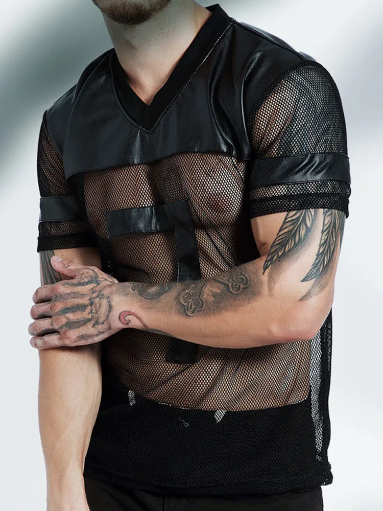 Mens Mesh Pu Shirt T-Shirt