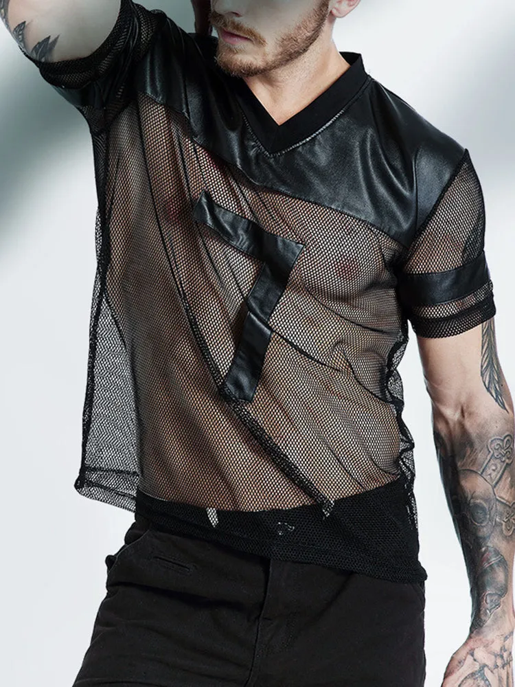 Mens Mesh Pu Shirt T-Shirt