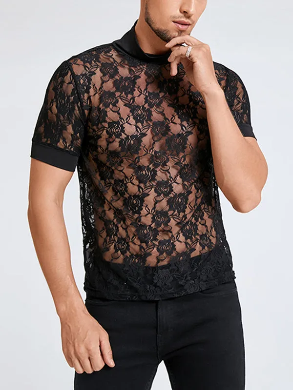 Mens See-through Lace High Neck T-Shirts SKUH52371