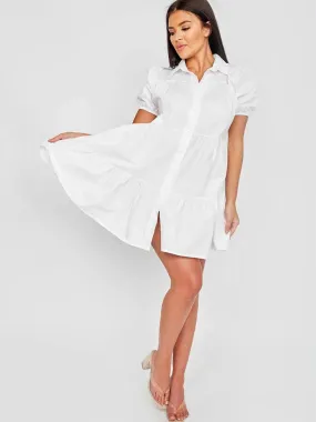 Mia Button-Front Tiered Smock Dress In White