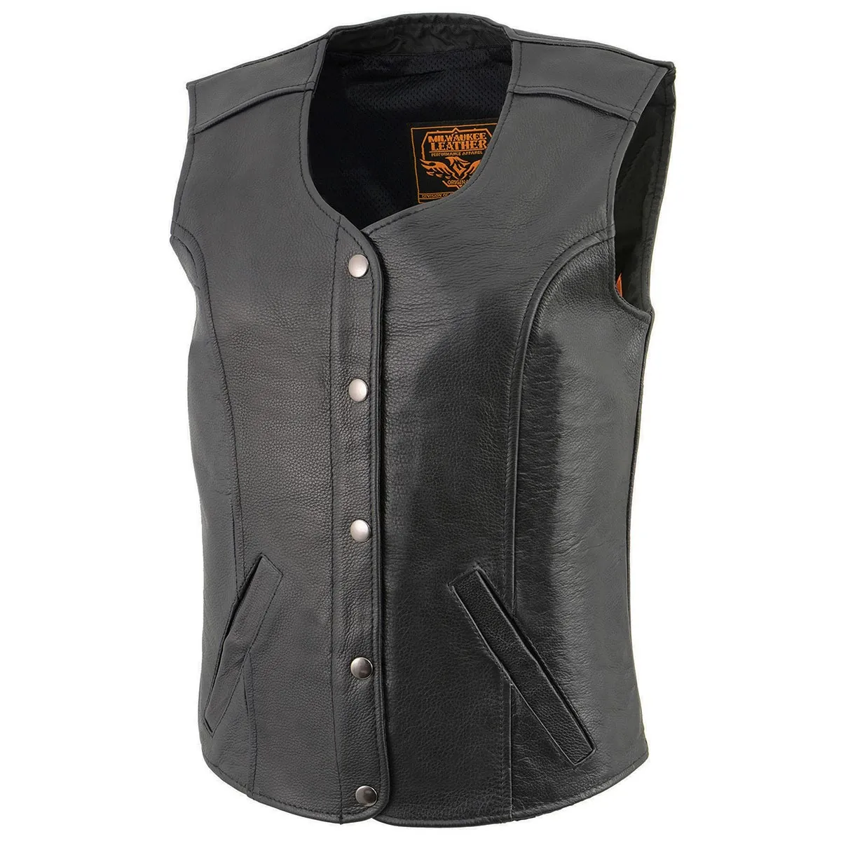 Milwaukee Leather LKL4701 Women's Black Leather Plain Round V-Neck Motorcycle Rider Vest W/Classic 4-Snaps Closure