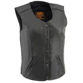 Milwaukee Leather LKL4701 Women's Black Leather Plain Round V-Neck Motorcycle Rider Vest W/Classic 4-Snaps Closure