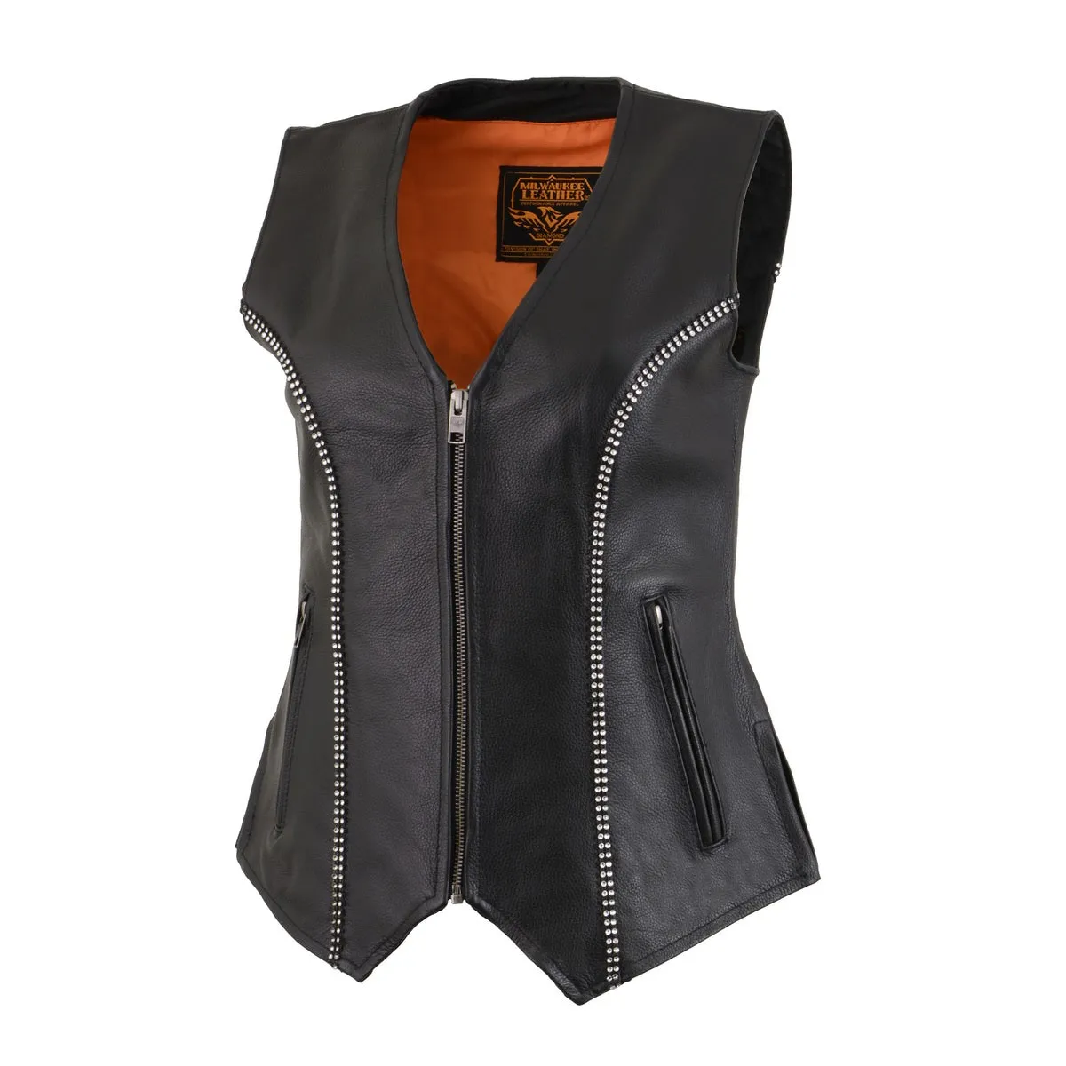 Milwaukee Leather MLL4502 Women's Black Leather Classic V-Neck Motorcycle Rider Vest with Rhinestone Bling Detail