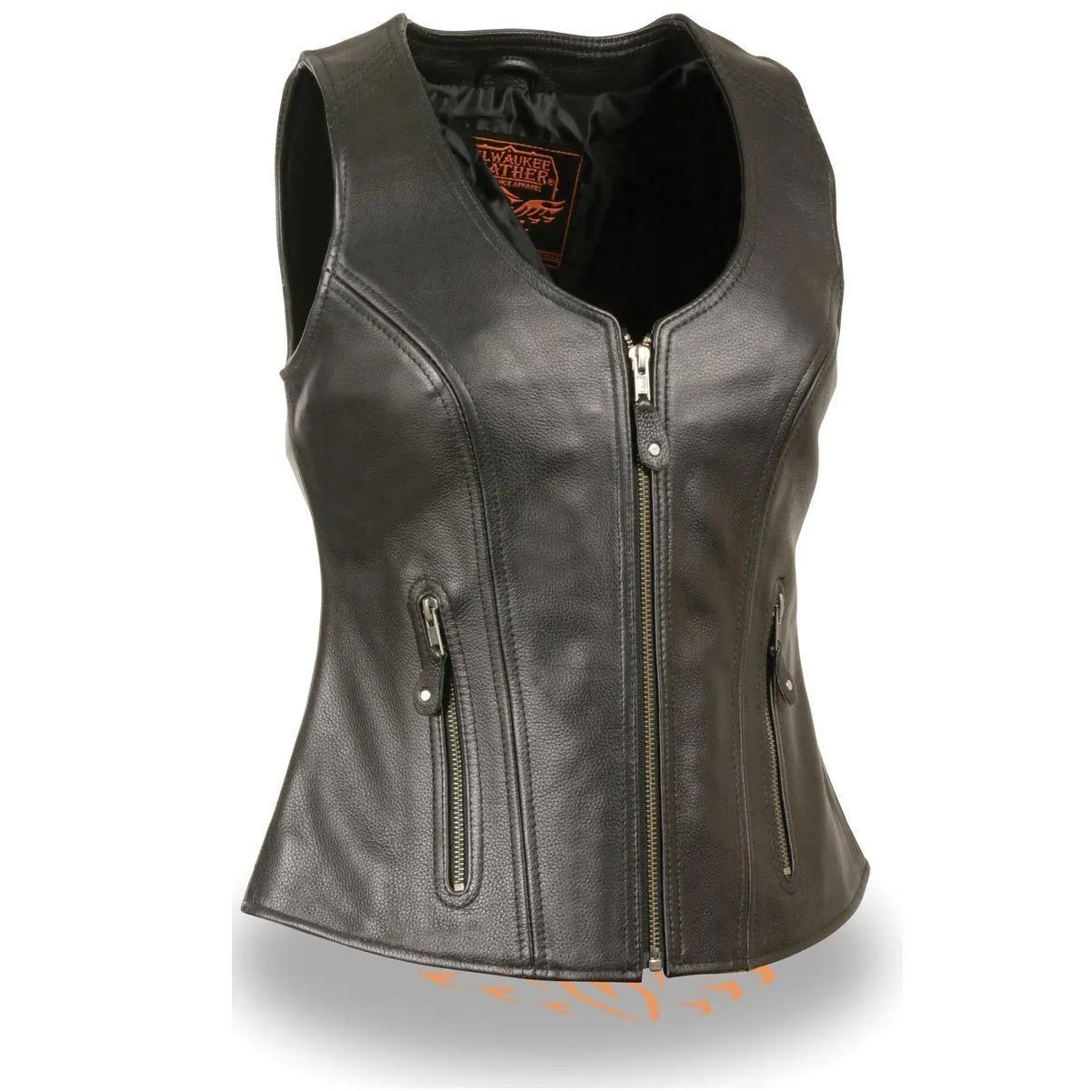 Milwaukee Leather MLL4530 Women's Black Leather Open Neck Motorcycle Rider Vest W/ Front Zip and Stitching detail