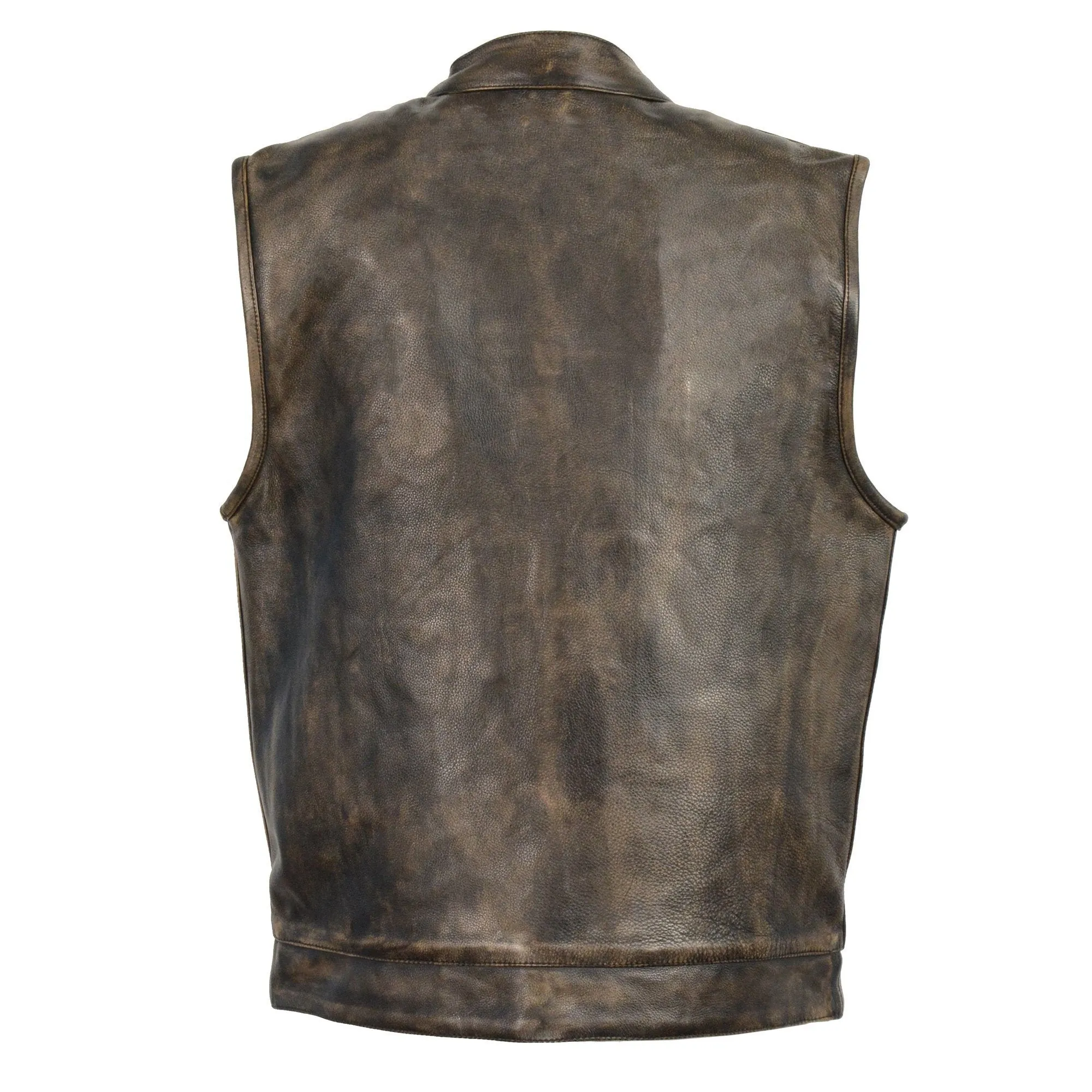 Milwaukee Leather MLM3510 Men's Black/Beige Premium Leather Club Style Vest - Dual Closure Open Neck Motorcycle Vest