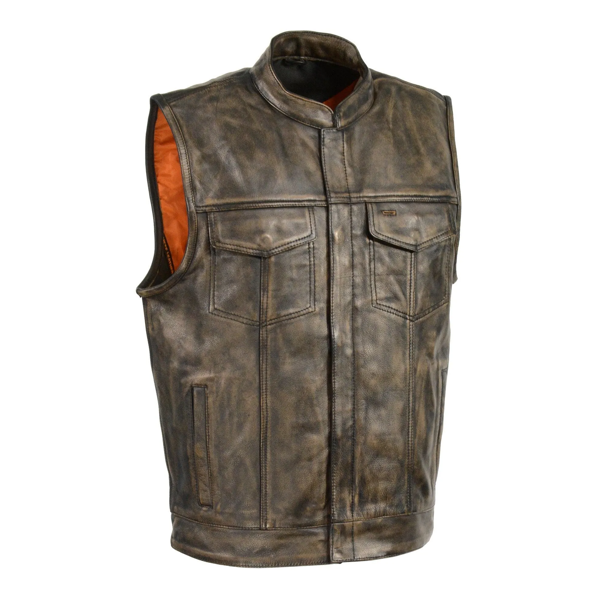 Milwaukee Leather MLM3510 Men's Black/Beige Premium Leather Club Style Vest - Dual Closure Open Neck Motorcycle Vest