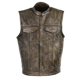 Milwaukee Leather MLM3510 Men's Black/Beige Premium Leather Club Style Vest - Dual Closure Open Neck Motorcycle Vest