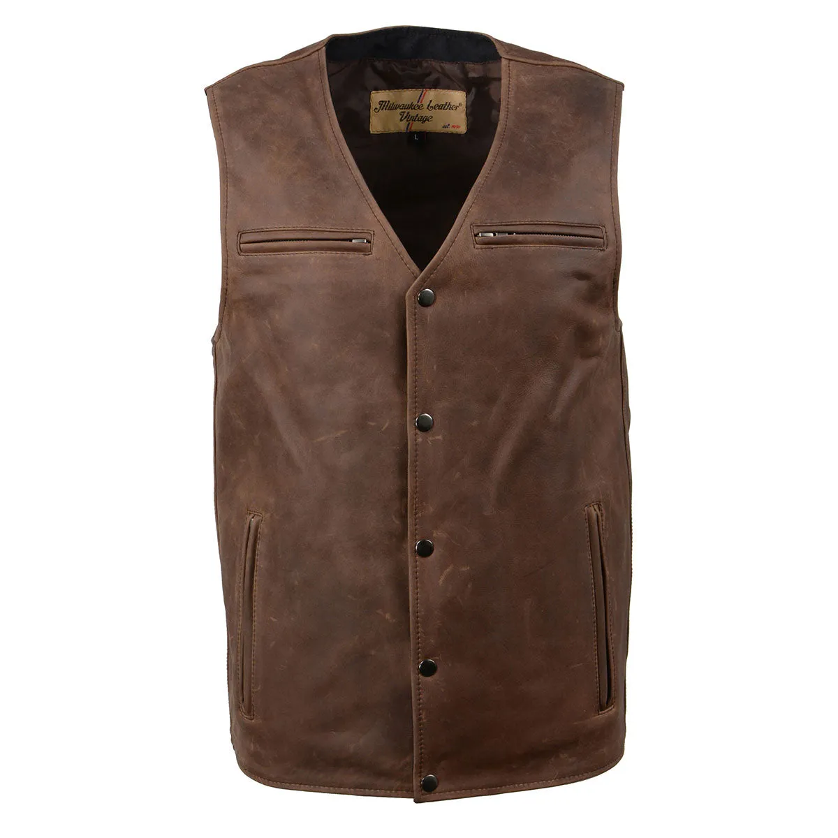 Milwaukee Leather MLM3518 Men's Gambler Snap Front Vintage Crazy Horse Brown Motorcycle Leather Vest