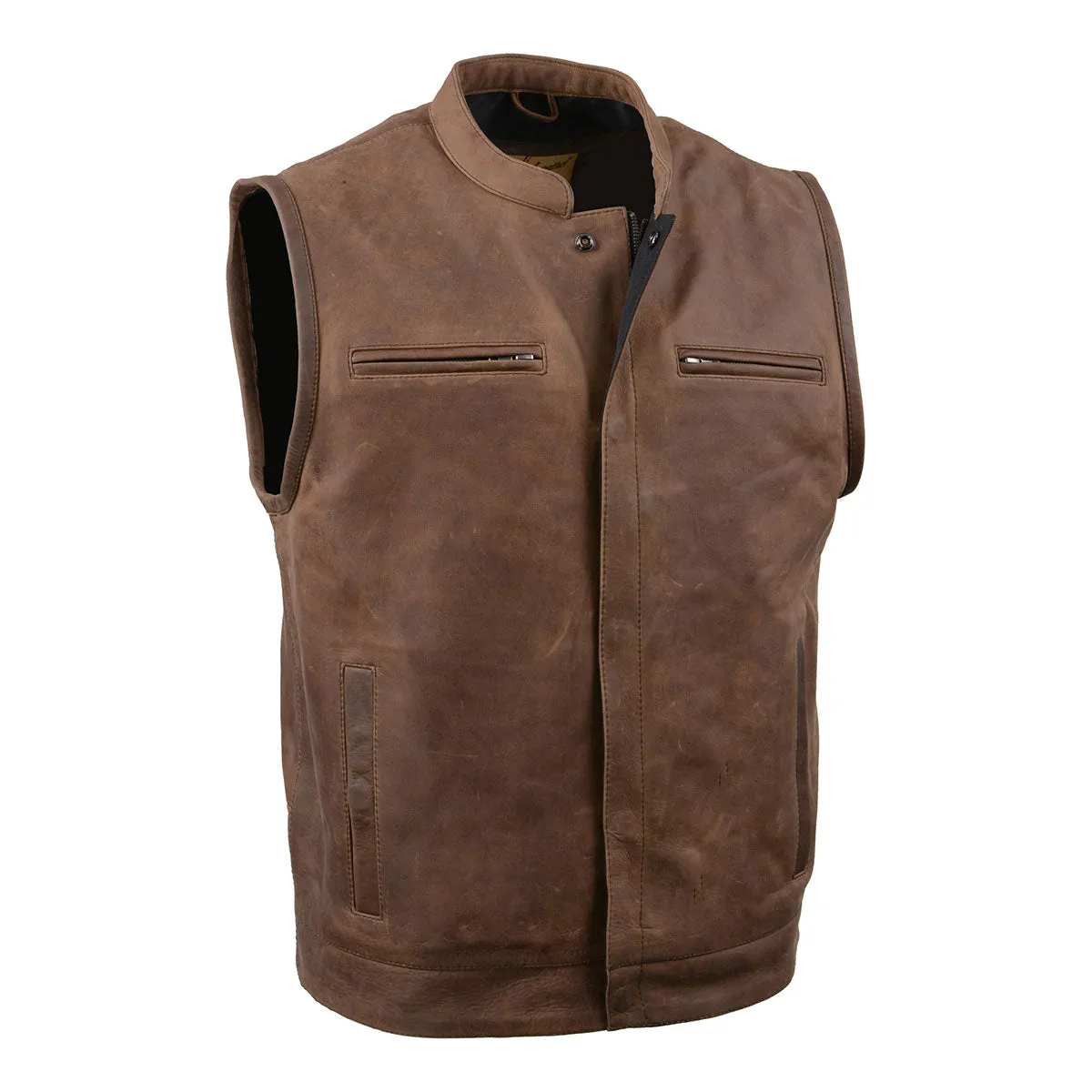 Milwaukee Leather MLM3519 Men's “Gambler” Crazy Horse Brown Vintage Leather Vest - Club Style Motorcycle Rider Vest