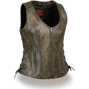 Milwaukee Leather Women's Distress Brown Leather V-Neck Motorcycle Rider Vest with Side Lace MLL4531