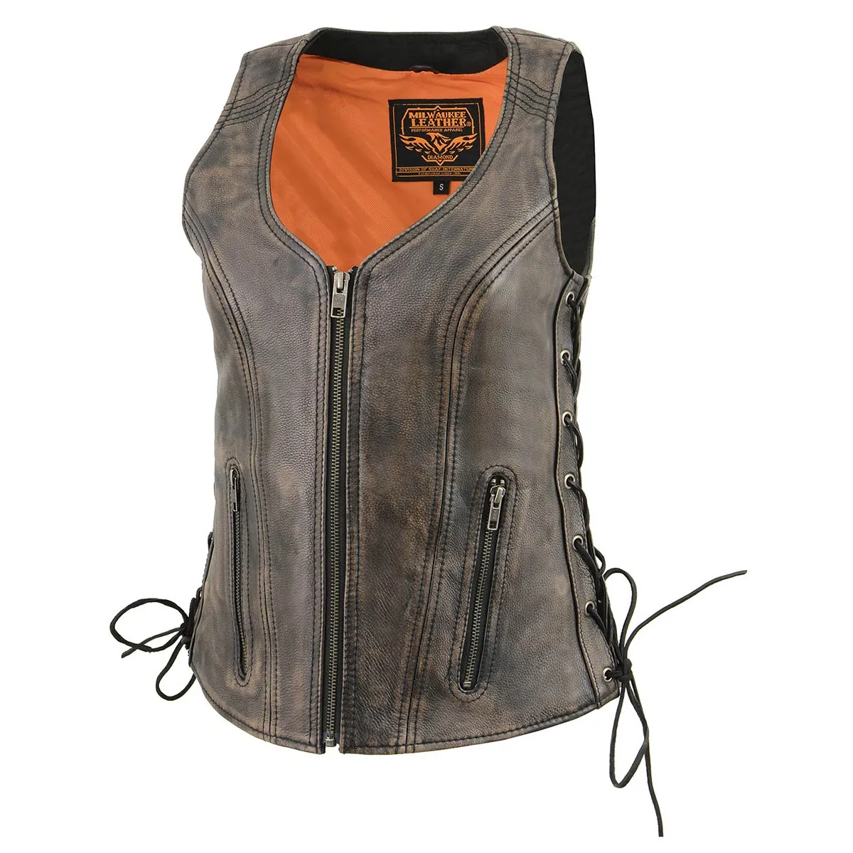 Milwaukee Leather Women's Distress Brown Leather V-Neck Motorcycle Rider Vest with Side Lace MLL4531