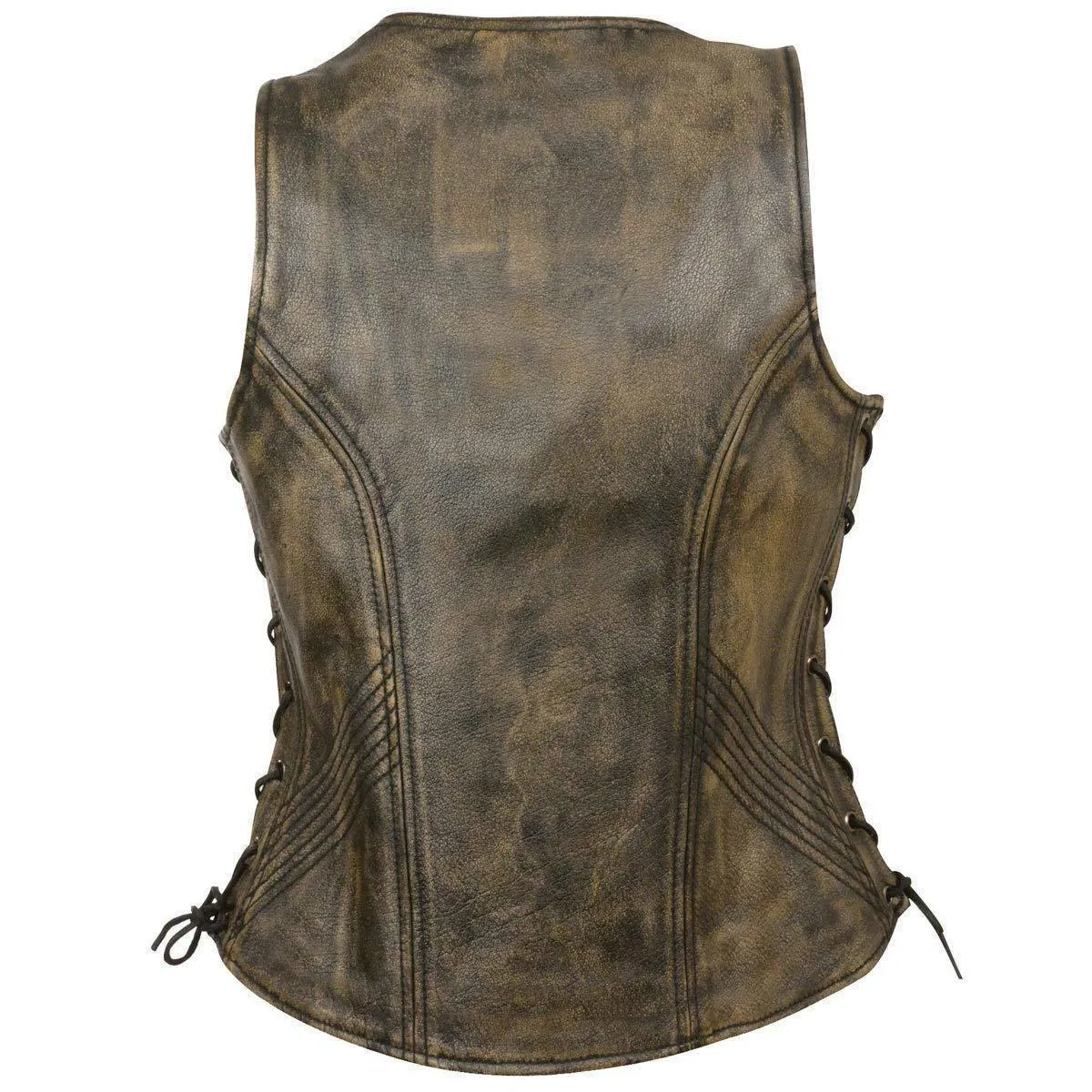 Milwaukee Leather Women's Open Neck Side Lace Front Zipper Brown Leather Vest with Gun Pockets