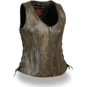 Milwaukee Leather Women's Open Neck Side Lace Front Zipper Brown Leather Vest with Gun Pockets