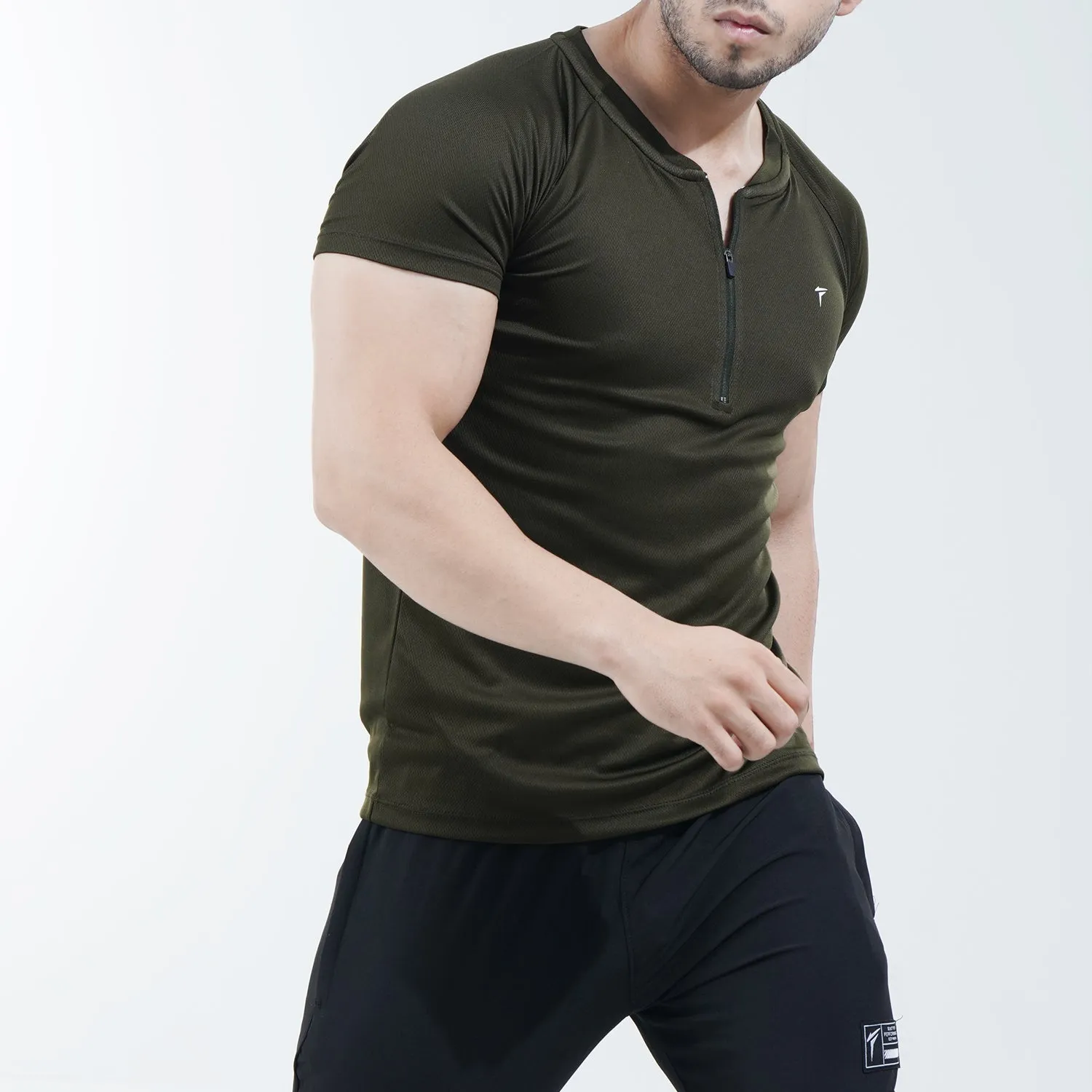 Olive Green Mesh Quarter Zip Half Sleeve Tee