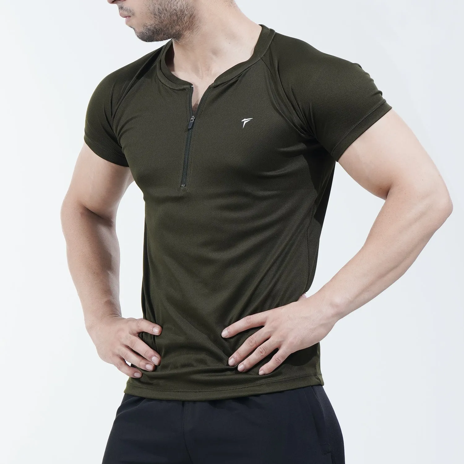 Olive Green Mesh Quarter Zip Half Sleeve Tee