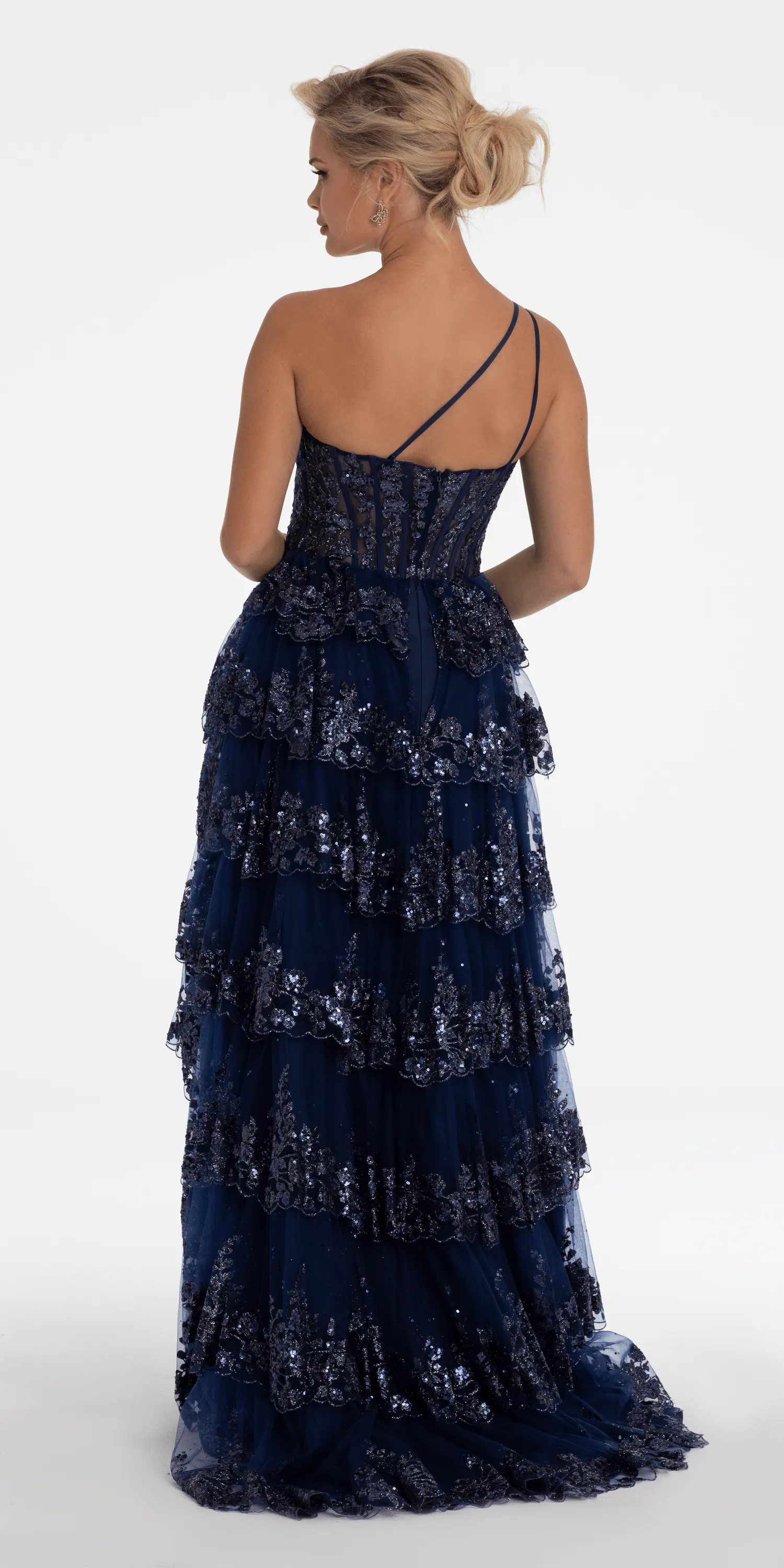 One Shoulder Glitter Corset Tiered Ballgown