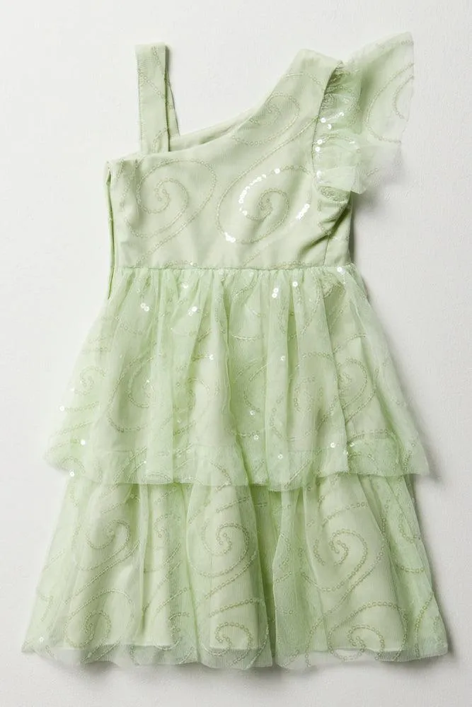 One Shoulder Tiered Dress Green