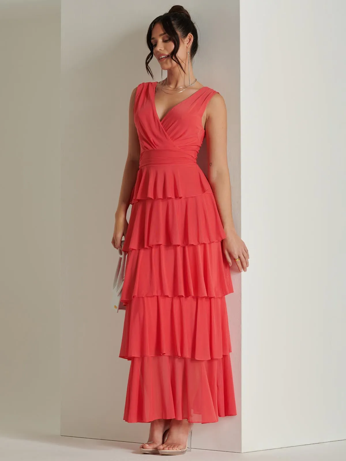 Plain Wrap Bodice Mesh Maxi Dress, Red