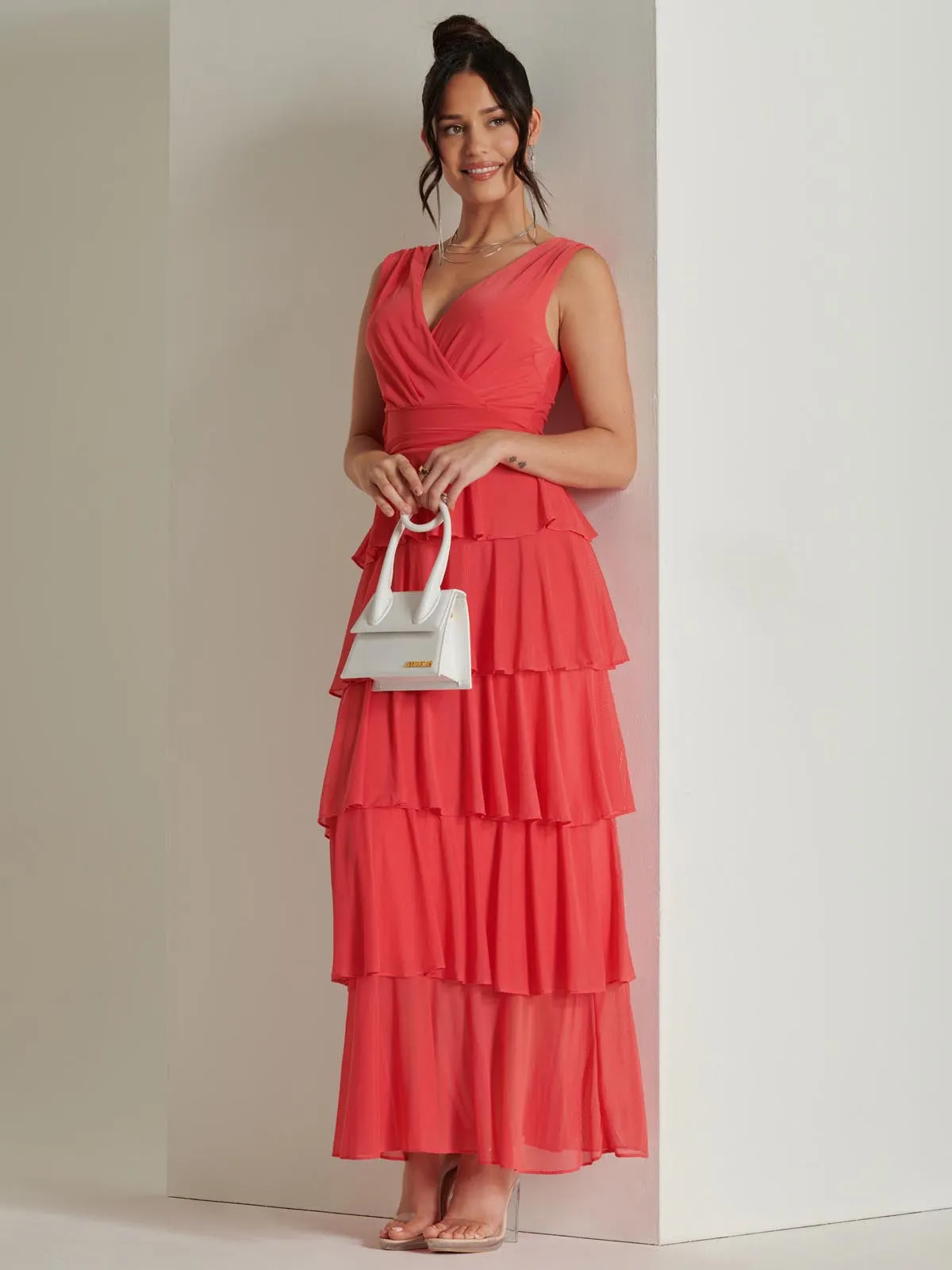 Plain Wrap Bodice Mesh Maxi Dress, Red