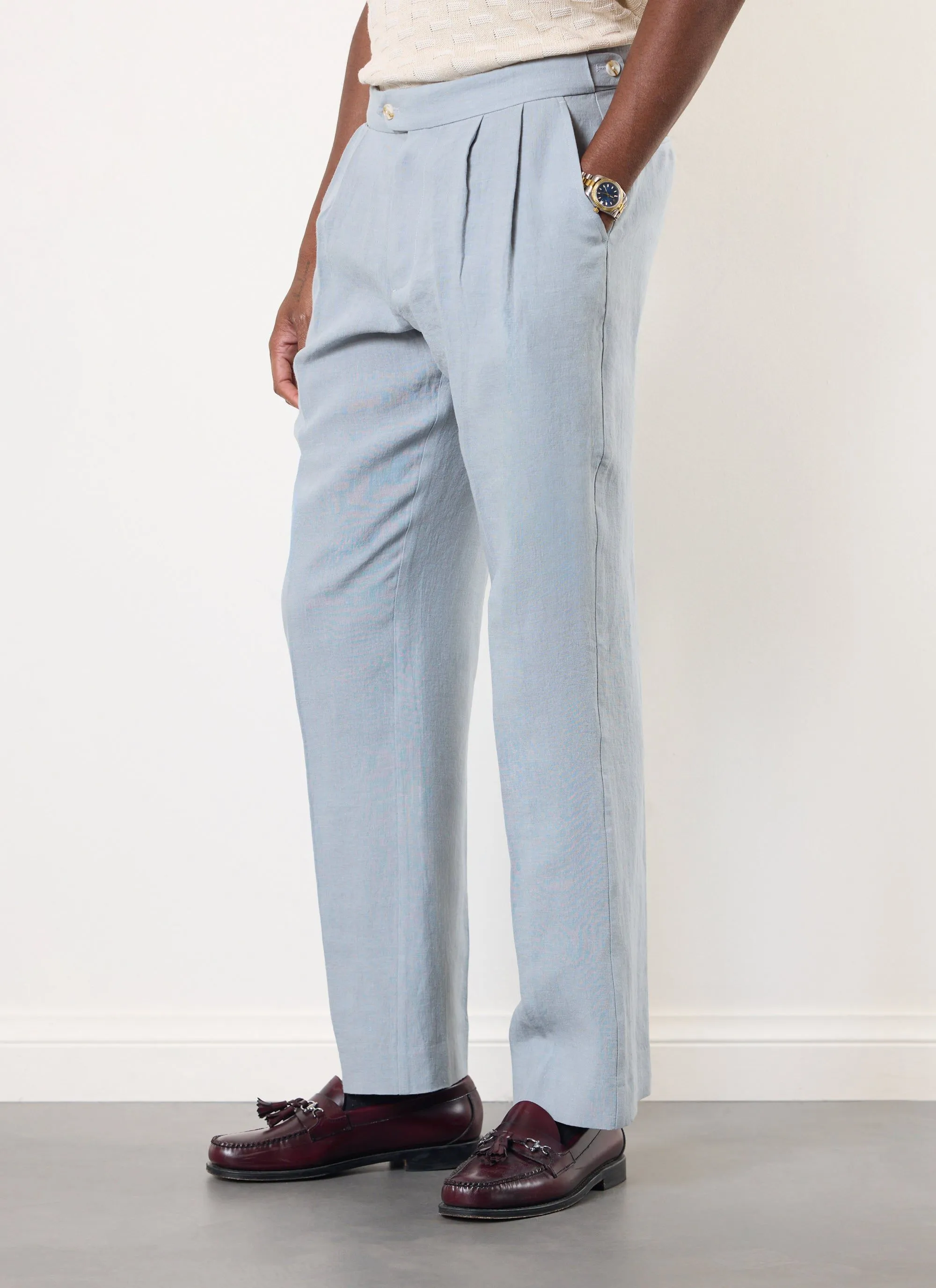 Pleated Tailored Trousers | Linen | Light Blue