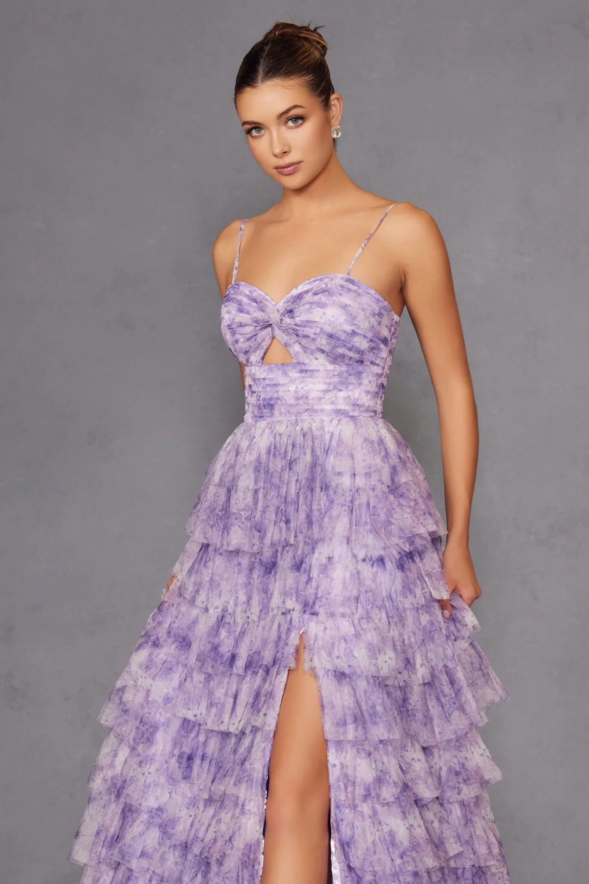 Print Sleeveless A-line Tiered Gown by Juliet JT2508A