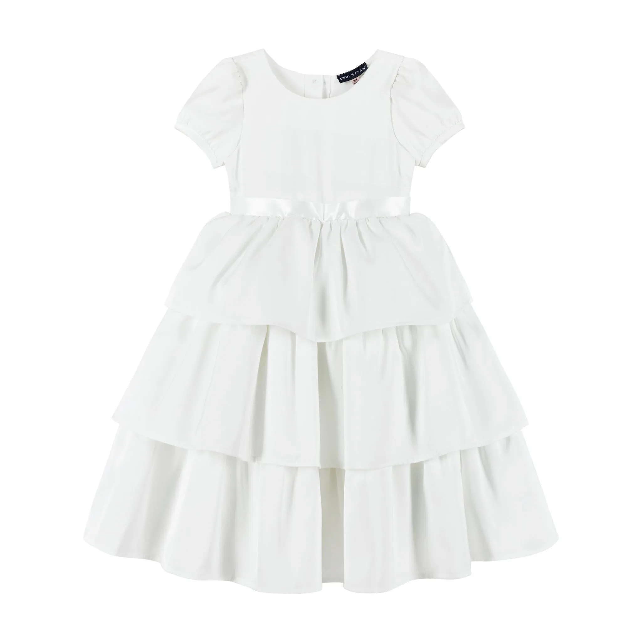 Puff Sleeve Satin Tiered Dress | White