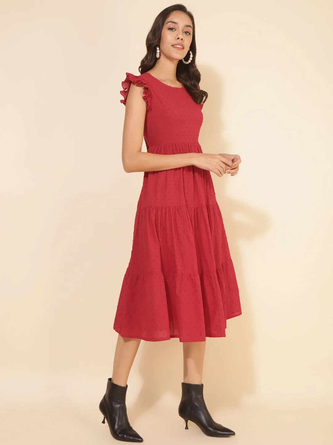 Red Cotton Dobby Ruffle Sleeve Tiered Dress