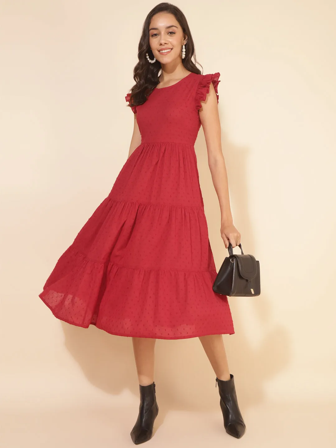 Red Cotton Dobby Ruffle Sleeve Tiered Dress