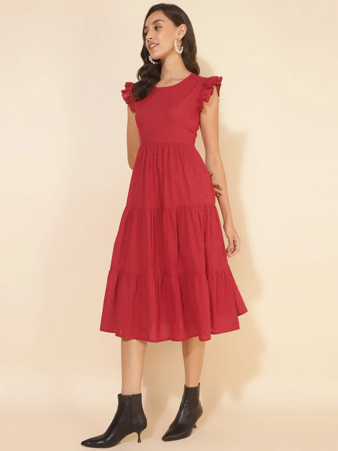 Red Cotton Dobby Ruffle Sleeve Tiered Dress