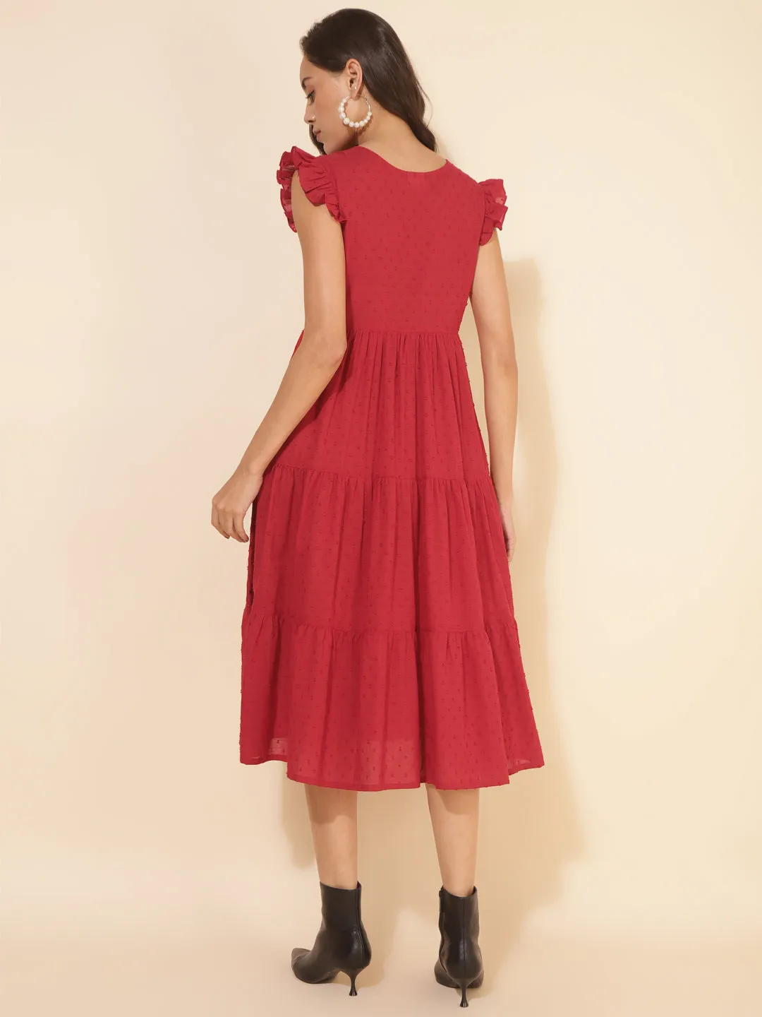 Red Cotton Dobby Ruffle Sleeve Tiered Dress