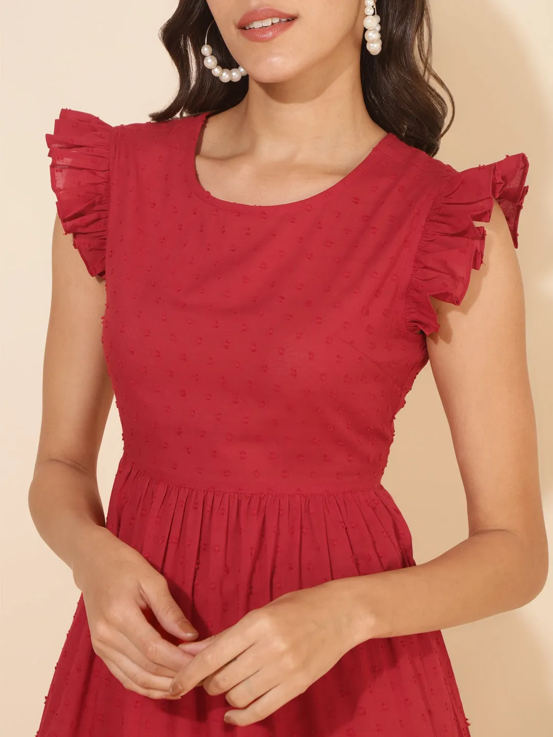 Red Cotton Dobby Ruffle Sleeve Tiered Dress