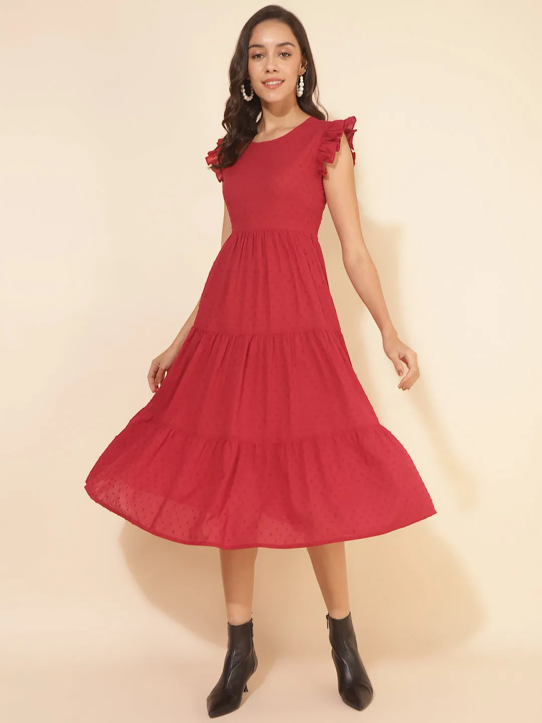 Red Cotton Dobby Ruffle Sleeve Tiered Dress