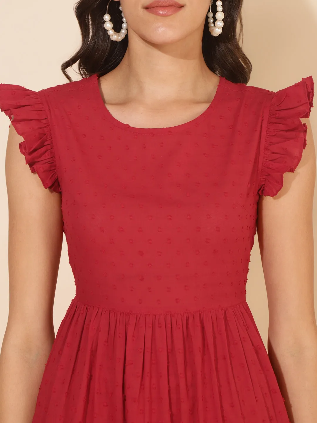 Red Cotton Dobby Ruffle Sleeve Tiered Dress