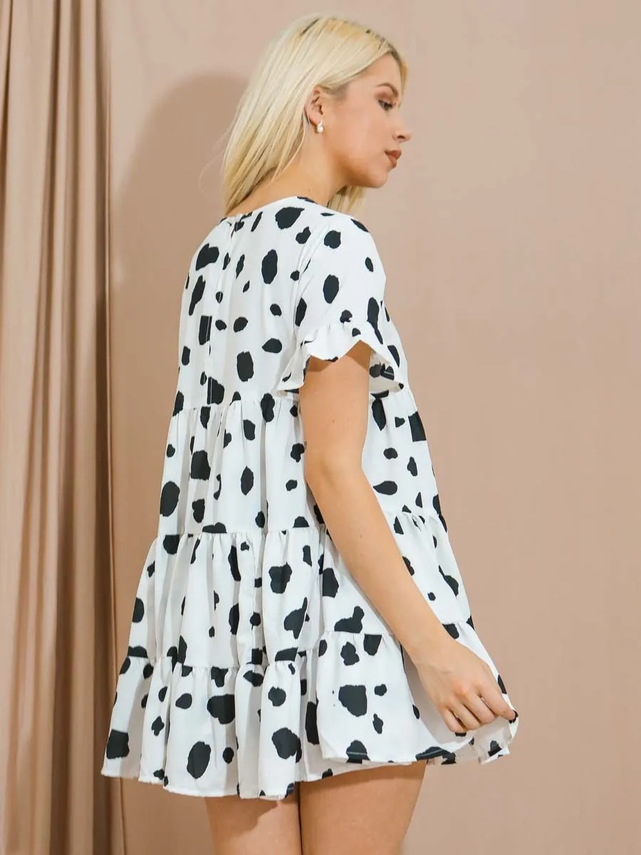 Renee  Dalmatian Print Frill Tiered Smock Dress In white