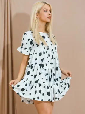 Renee  Dalmatian Print Frill Tiered Smock Dress In white