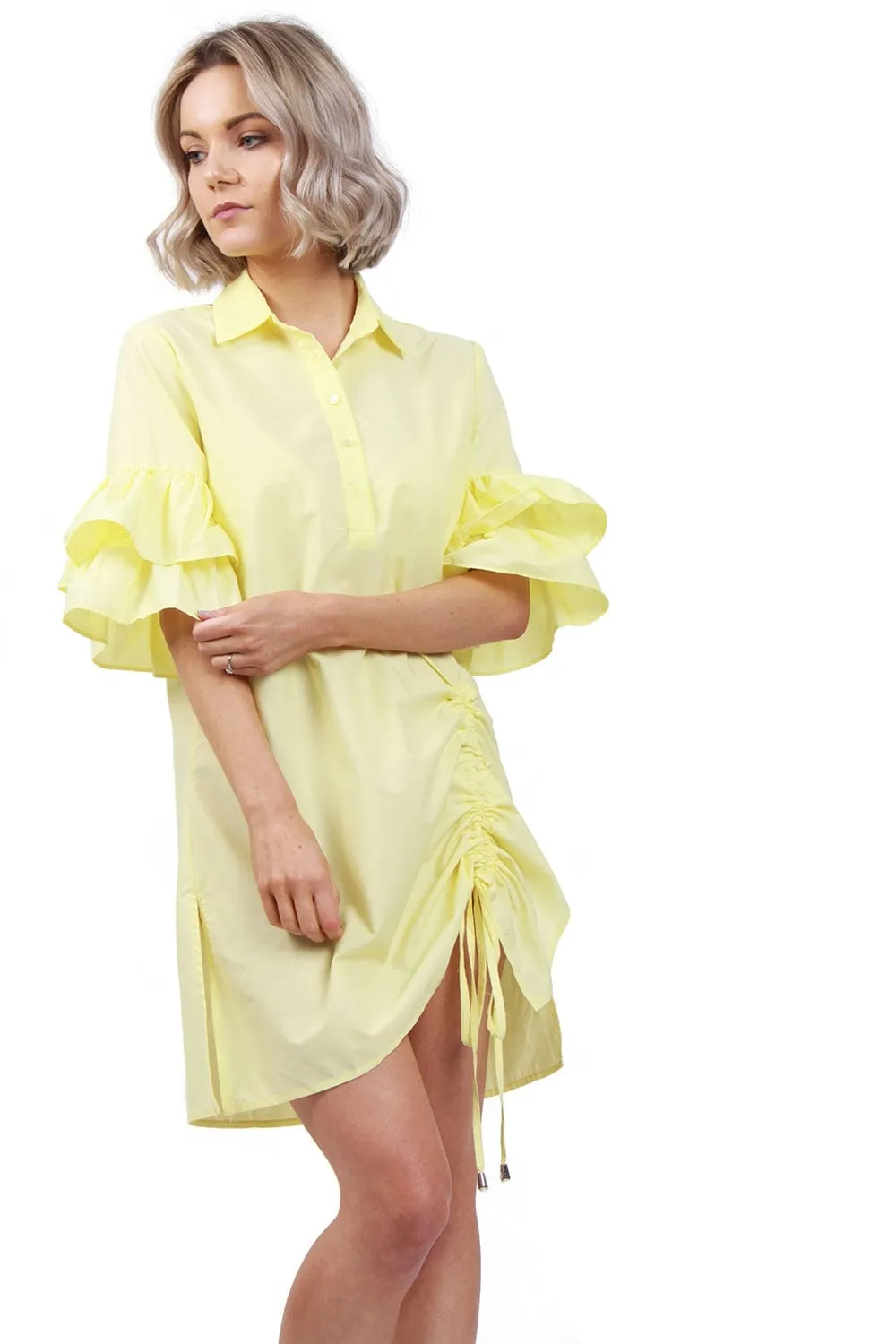 Ruffle Sleeve Drawstring Side Summer Holiday Shirt Dress